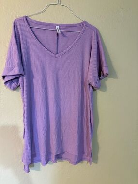 Ribbed V-Neck Short Sleeve Tee - Lavender